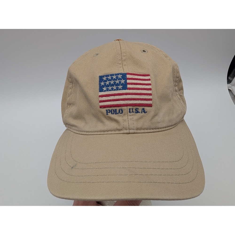 Polo Ralph Lauren USA Flag Hat Khaki Tan Cotton Chino Strapback Cap Made In USA